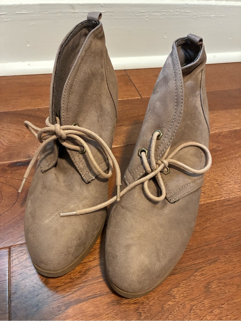 Tan faux suede lace up wedge boots, Size 9. Good preowned condition